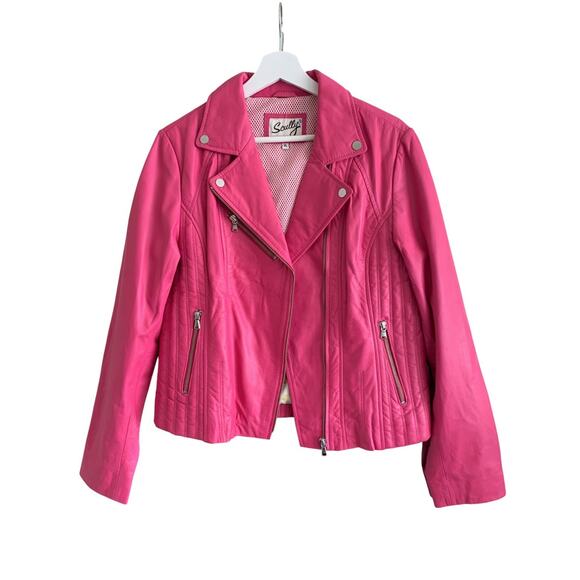 Scully Pink Leather Jacket Womens XL Moto Biker Zippers Vintage - Picture 1 of 7